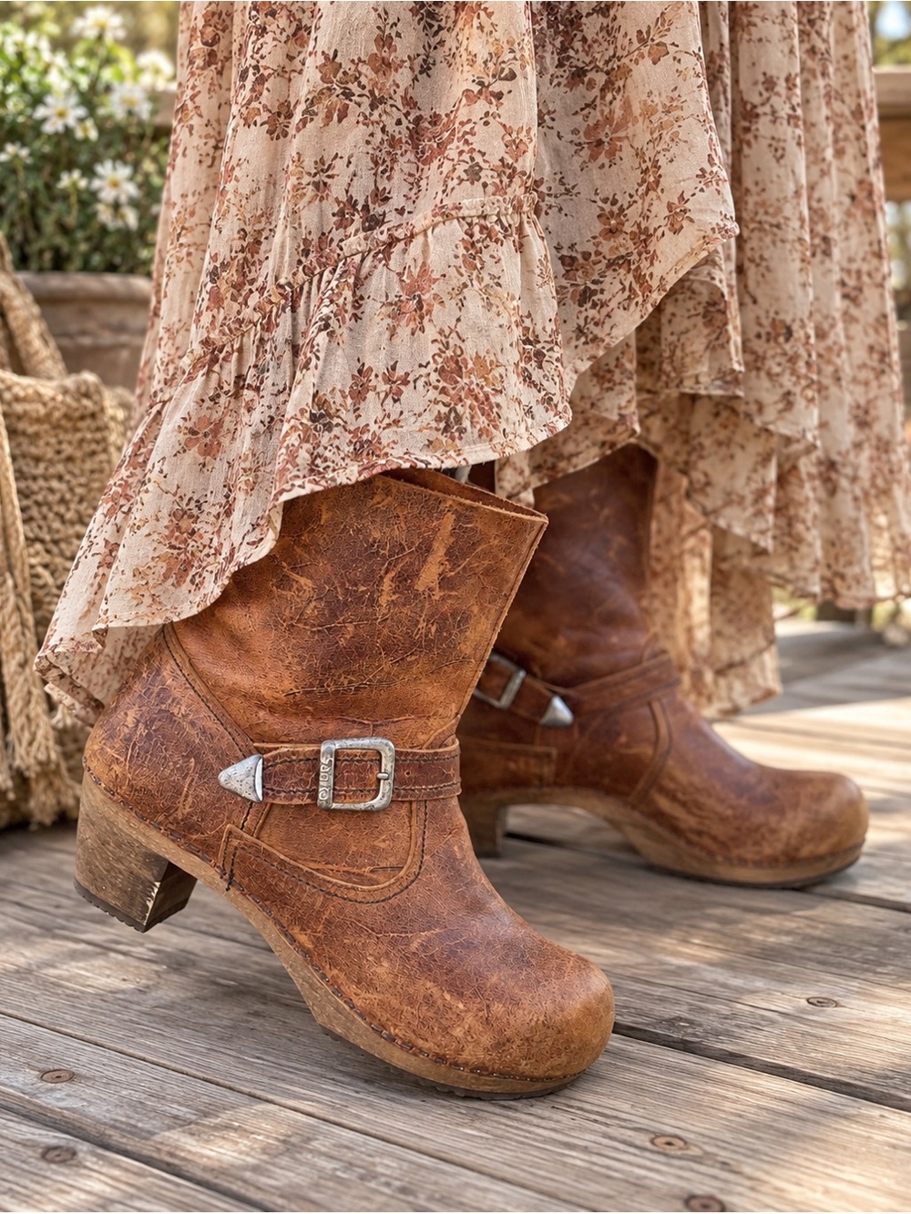 Sanita Distressed Brown Leather Wood Heel Buckle Boots Boho Clog Size 8 New